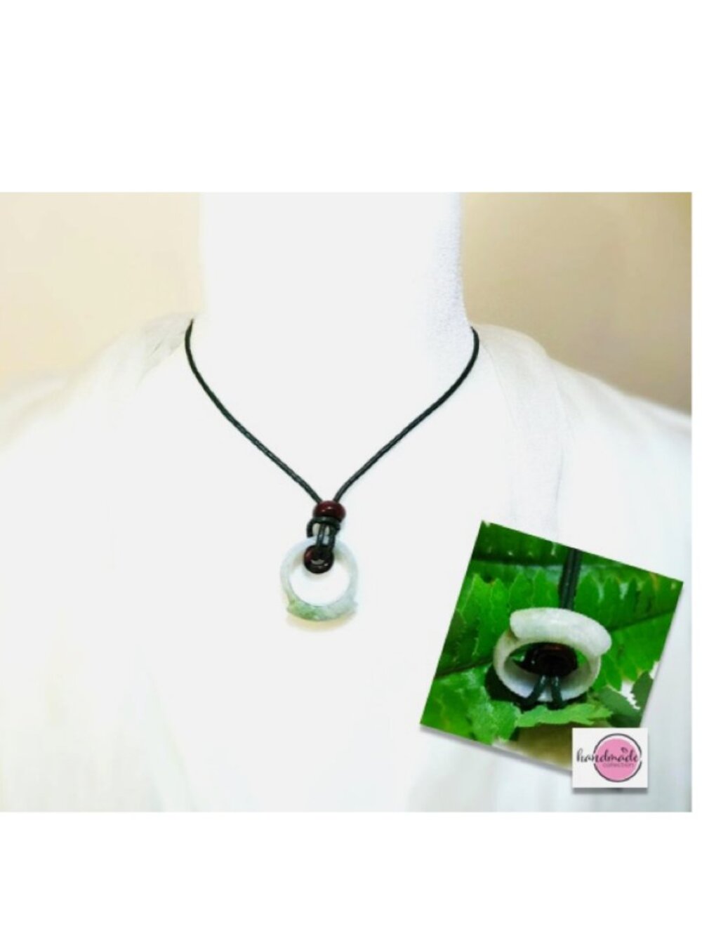 Necklace Genuine GreenJade RING Pearl Leather Cord